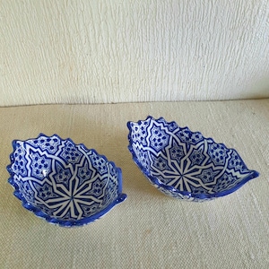 Set of 2 Moroccan Ceramic Bowls-Hand-Painted Decorative Leaf Bowls-Moroccan-Handcrafted Moroccan Blue Ceramic Bowls–Intricate Star Design
