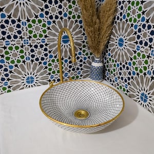 Lavabo de cerámica marroquí - Lavabo de baño - Lavabo de cerámica con borde de cobre - Lavabo de cerámica - Lavabo de baño pintado a mano - Lavabo de cerámica artesanal