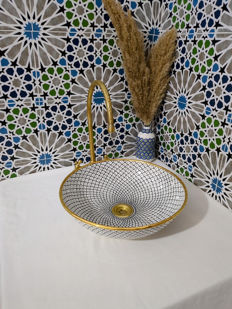 Lavabo in ceramica marocchina - Lavabo da bagno - Lavabo in ceramica con bordo in rame - Lavandino in ceramica - Lavandino da bagno dipinto a mano - Lavandino in ceramica artigianale immagine 1