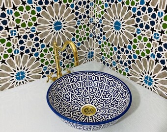 Moroccan Design Basin-Ceramic sink for bathroom-Blue Pattern Vessel Sink-Artisan Bathroom Vanity Bowl-Decorative Handcrafted Ceramic Sink