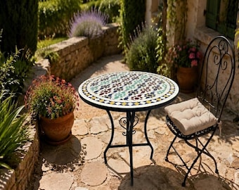Multicolor Zellige Round Dining Table, Round Table, Handmade Zellige Round Table, Moroccan Mosaic Tile Table, Folding Iron Base Bistro Table
