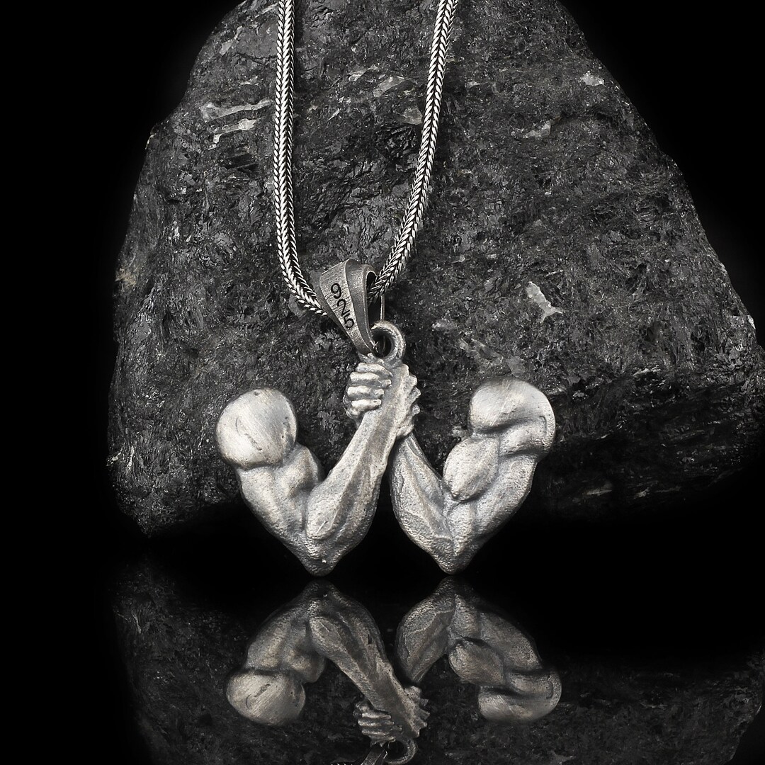 Bodybuilder Necklace Silver, Armwrestling Necklace, Firm Handshake