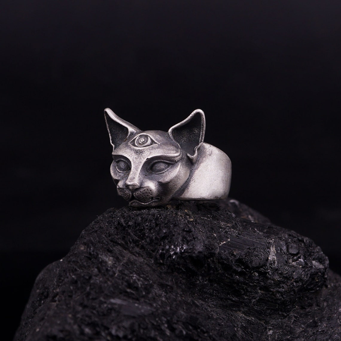 3 Eyed Cat Silver Cat Ring Three Eyed Cat Ring Bastet Etsy