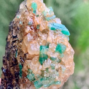 Puede incluir: Primer plano de un grupo de cristales de esmeralda en bruto. Las formaciones cristalinas son de un verde vibrante, sobre una matriz de minerales beige y marrón. La gema natural es un espécimen único.