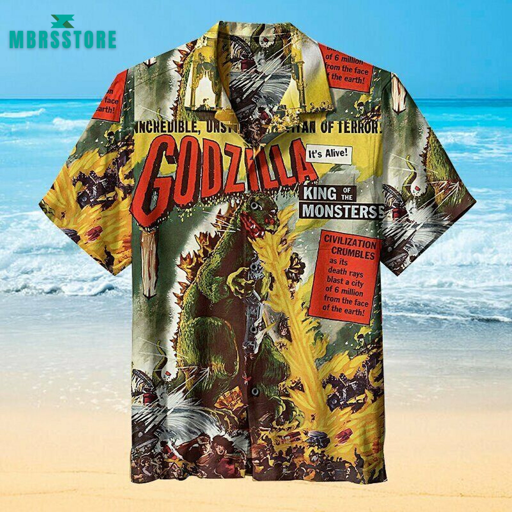 Discover 3D Godzilla, King of Monsters Unisex Hawaiian Shirt, Godzilla Tropical Hibiscus Hawaiian Shirt For Men Women, Vintage Hawaii Beach Shirt