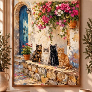 Könnte beinhalten: Ein gerahmter Kunstdruck mit dem Titel Mediterranean Life Vol. 01 Four Friends, der vier Katzen auf einer Steinmauer vor einer blauen Tür und einer strukturierten, mit rosa und weißen Blumen bewachsenen Wand sowie einer Topfpflanze zeigt.