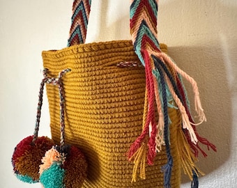 Handcrafted Wayuu Mochila Bucket Bag with Pom Poms