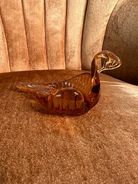 Vintage Amber Blown Glass Swan Ring Trinket Dish - image 1