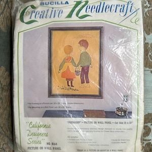 1970s Vintage Bucilla Creative Needlecraft Kit Friendship Crewel Wool Embroidery Kit