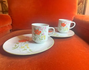 Pair of Vintage Floral China Snack Sets 2 Plates 2 Cups