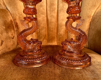 Pair of Vintage Depression Glass Koi Dragon Dolphin Candlestick Holders