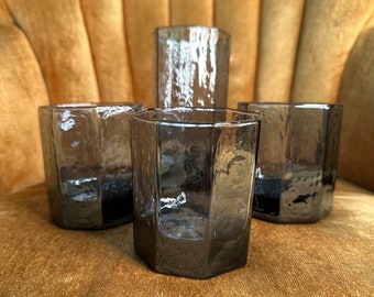 Lot of 4 Vintage Libbey Facets Dusky Cobalt Dark Blue 3 Double Old Fashion Glasses 1 Tall Tumbler Retro Drinkware Barware