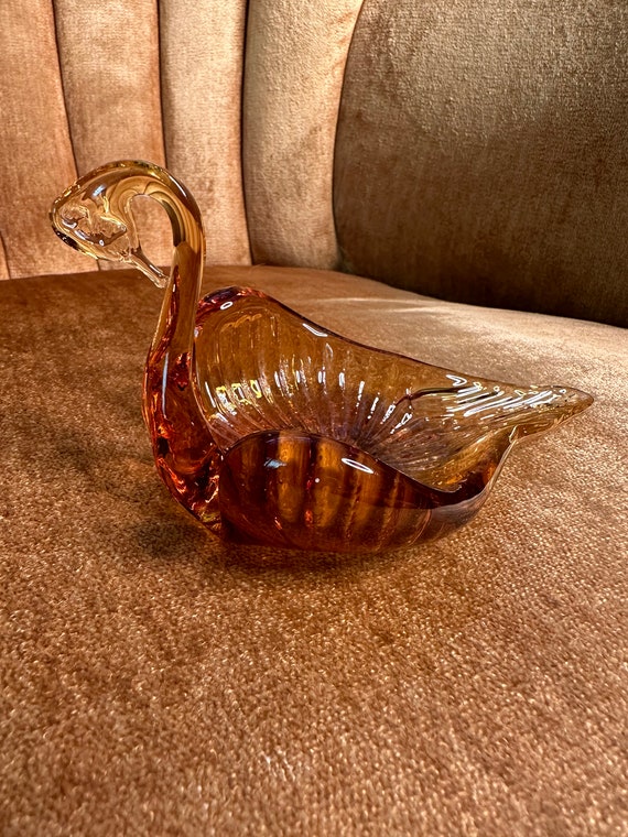 Vintage Amber Blown Glass Swan Ring Trinket Dish - image 6