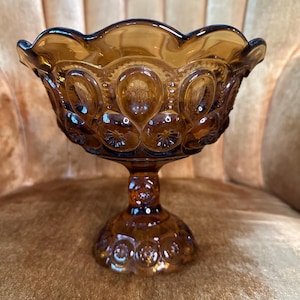 Vintage L.E. Smith Moon and Stars Amber Glass Footed Compote Pedestal Candy Dish Bowl