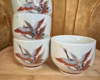 Set of 4 Japanese Kutani Porcelain Tea or Soup Cups Hand Painted Cranes with Gold Accents