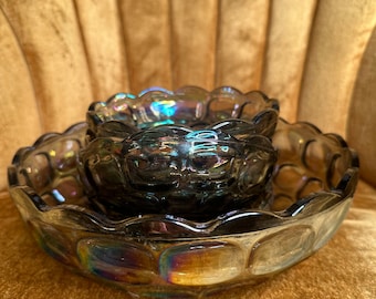 Vintage Federal Glass Carnival Salad Bowl Set, Smoke Iridescent Thumbprint Design