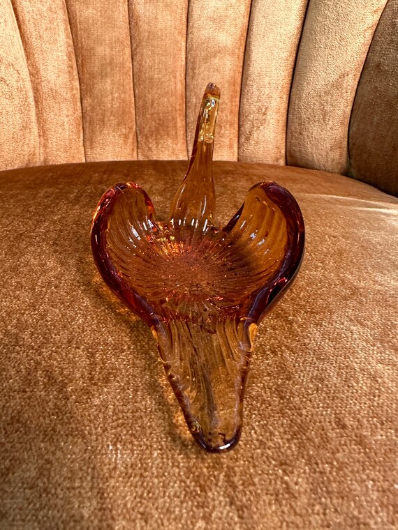 Vintage Amber Blown Glass Swan Ring Trinket Dish - image 4