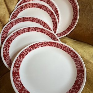 Set of 6 Corning Corelle Vitrelle Bandhani Red White Dinner Plates