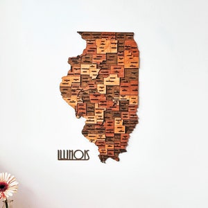Carte de l'état de l'Illinois en bois, art mural, carte de voyage des États-Unis, décoration de bureau à domicile moderne, cadeau unique pour la nouvelle maison