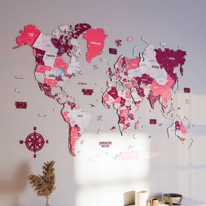 Carte du monde en bois pour carte de voyage murale, décoration d'appartement pour fille, décoration de chambre rose, cadeau de Noël