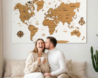 Wooden World Map with Push Pins, Personalized Cork Travel Map, Home & Office Decor, Anniversary Gift