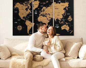 Wooden Push Pin World Map Personalized Cork Travel Map Home & Office Decor Anniversary Gift