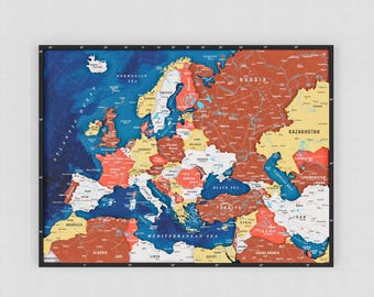 Wooden Europe Map with Rivers & Details Push Pins Travel Tracker Home Office Decor Housewarming Gift
