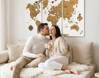 Wooden World Map with Push Pins, Personalized Cork Travel Map, Home & Office Decor, Anniversary Gift