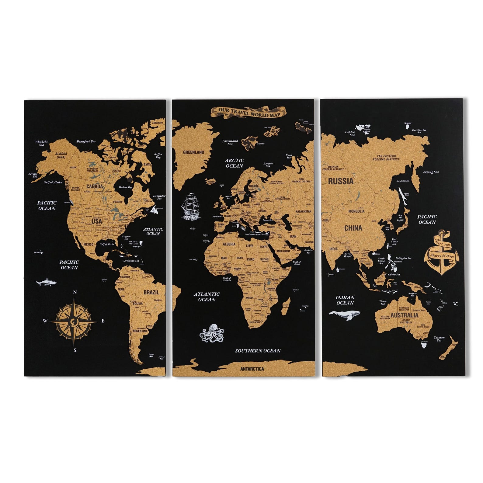 Wooden Push Pin World Map Personalized Cork Travel Map Home & Office Decor Anniversary Gift - 41,3x26,7" 3 Panels, Black