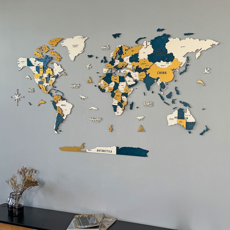 Wooden World Map Wall Art 3D Push Pin Travel Map Large Home Office ...