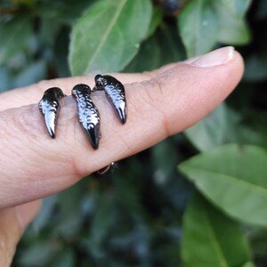 May include: Black claw-shaped finger rings with a textured design. The rings are worn on a finger, with green foliage in the background. The rings have a shiny, metallic finish.