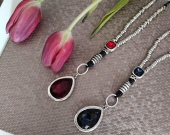 Blue Stone Pendant Adjustable Necklace, Red Raindrop Leather Cord, Boho Rubber Rope Chunky Silver Beads Summer Jewelery, Gif for Hert