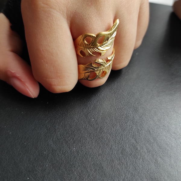 Silver Double Fall Wrap Leaves Statement Ring, Gold Autumn Handmade Jewelry, Adjustable Ring, Bud Flower Accesory, Christmas Gift