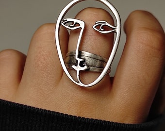 Face Designed Huge Statement Ring, Chunky Silver Abstract Face Jewelry, Humanface Stackable Ring, Unisex Handmade Jewellery, Christmas Gift