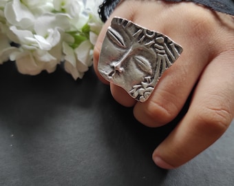 Christmas Gifts, Antique Face Gold Ring, Silver Abstract Humanface Stackable Ring, Drama Faces Unisex Jewellery, Minimalist