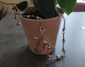 Colar de estrela dupla feito à mão em prata, colar de céu de corrente longa, joias boho hippie, acessório celestial feminino, presente para ela