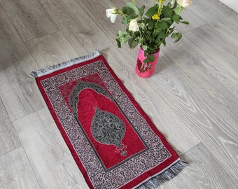 Ramadan Sale Gift-Floral Kids Prayer Rug with Gift Bag-Children's Salah Sejadah Mat=Red Velvet Gift Janamaz-Eid Gift