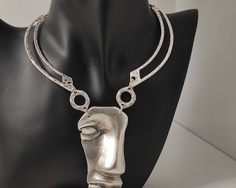 Large Vintage Face Silver Necklace-Antique Boho Ethnic Aesthetic Symbols Gold Jewellery-Sculptured Mask Chunky Pendant Necklace-Gift for Her