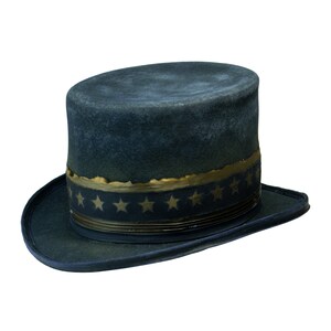 May include: A dark blue top hat with a gold band and gold stars around the band.