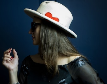 Custom Voodoo Doll Hat | Handmade Distressed Felt Hat with Patchwork Design – Unique Unisex Statement Accessory