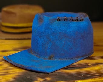 Custom Steller's Jay Distressed Felt Cap | Handcrafted Bold Blue Hat | Unique Nature-Inspired Design