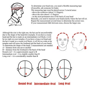 May include: Diagram showing how to measure your head for a hat.  It shows three different head shapes: round oval, intermediate oval, and long oval.  The diagram shows how to measure the distance from one ear to the other (A) and the distance from the forehead to the back of the head (B).