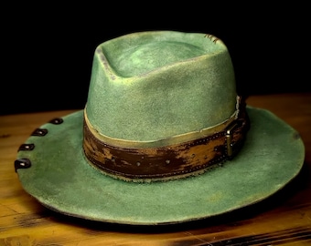 Custom Distressed Boho Fedora Hat, Green Rustic Handmade Western Hat, Personalized Vintage Bohemian Cowboy Hat, Unique Unisex Style Hat