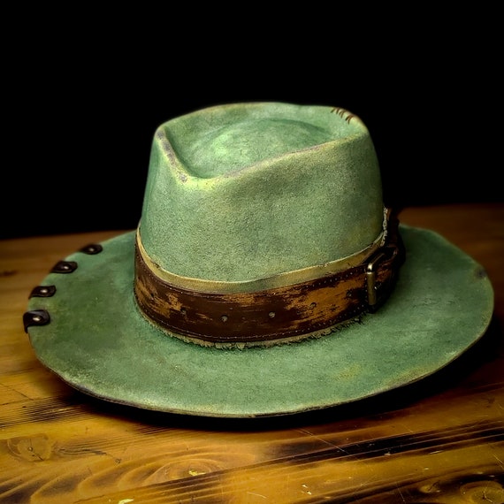 Buy Custom Distressed Boho Fedora Hat, Green Rustic Handmade  display picture 3