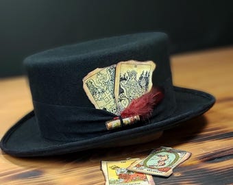 Fortune Teller Top Hat | Handcrafted Felt Coachman Hat | Women's Custom Hat with Tarot Cards
