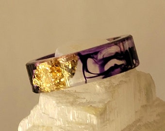 Purple Ink and Gold Foil Handmade Epoxy Resin Ring, Unique Art Jewelry, Lightweight, UV Resistant, Non-Toxic, Artisan Crafted