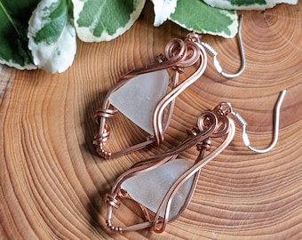 White Sea Glass & Copper Wire Wrapped Earrings, Sea Glass Jewellery, Natural Jewellery, Hypoallergenic, Ocean Necklace, Sea Art, Glass Art