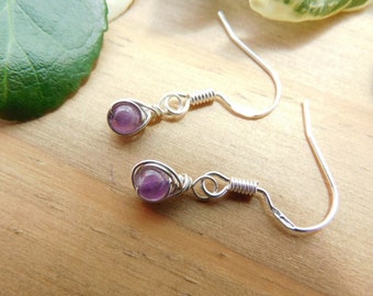 Amethyst & Sterling Silver Wire Wrapped Teeny Delicate Dangle Earrings , February Birthstone Earrings, Crystal Jewellery, Hypoallergenic