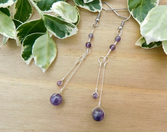 Amethyst & Sterling Silver Wire Wrapped Dangle Earrings , February Birthstone Earrings, Crystal Jewellery, Hypoallergenic