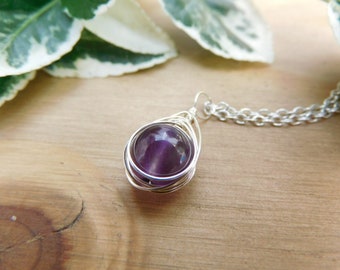 Amethyst & 100% Recycled Sterling Silver Wire Wrapped Pendant, February Birthstone Necklace, Crystal Jewellery, Hypoallergenic, Gift For Her